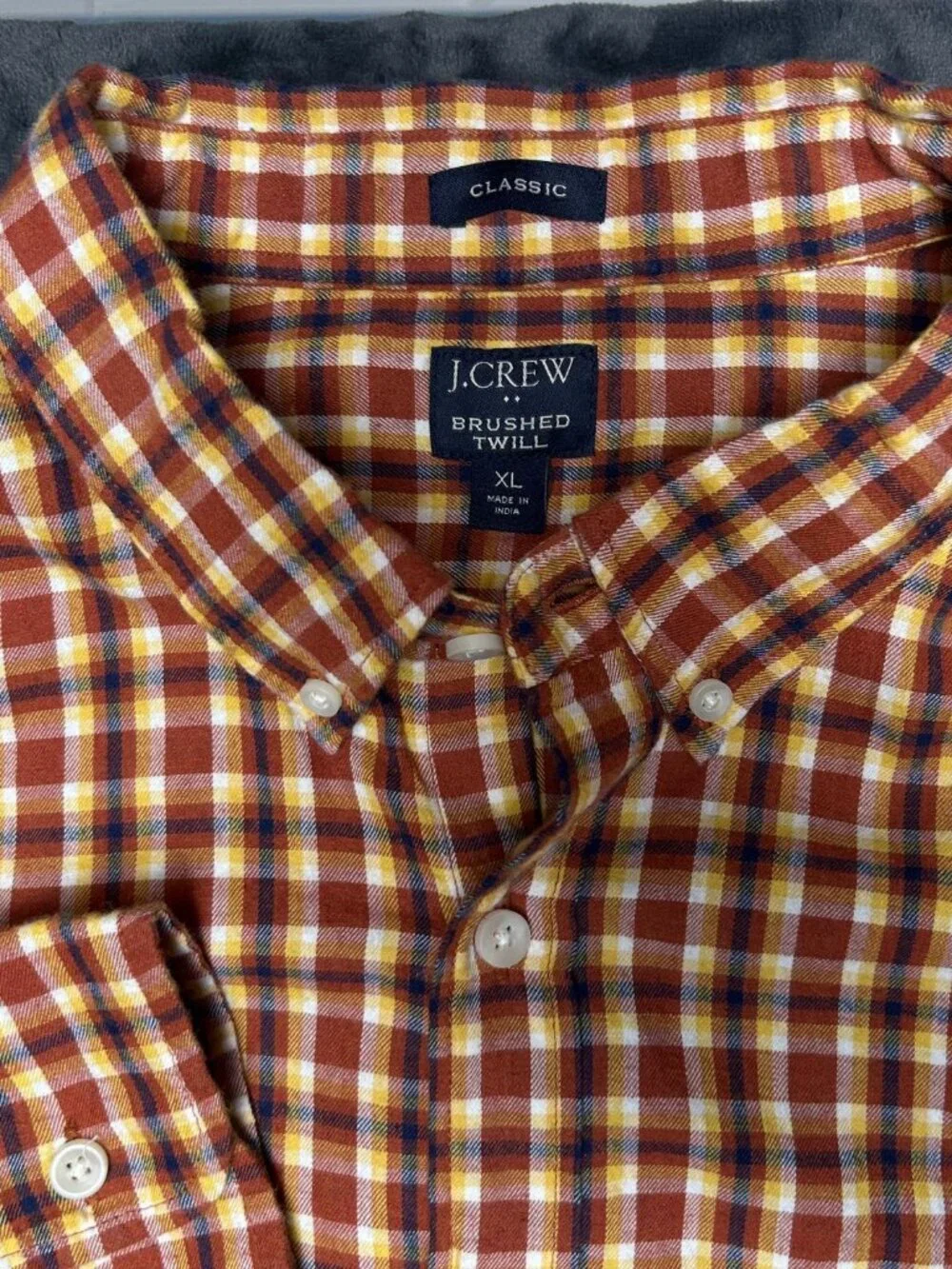 J.Crew Brushed Twill Classic Fit Plaid Shirt Xl Brown Yellow Cotton